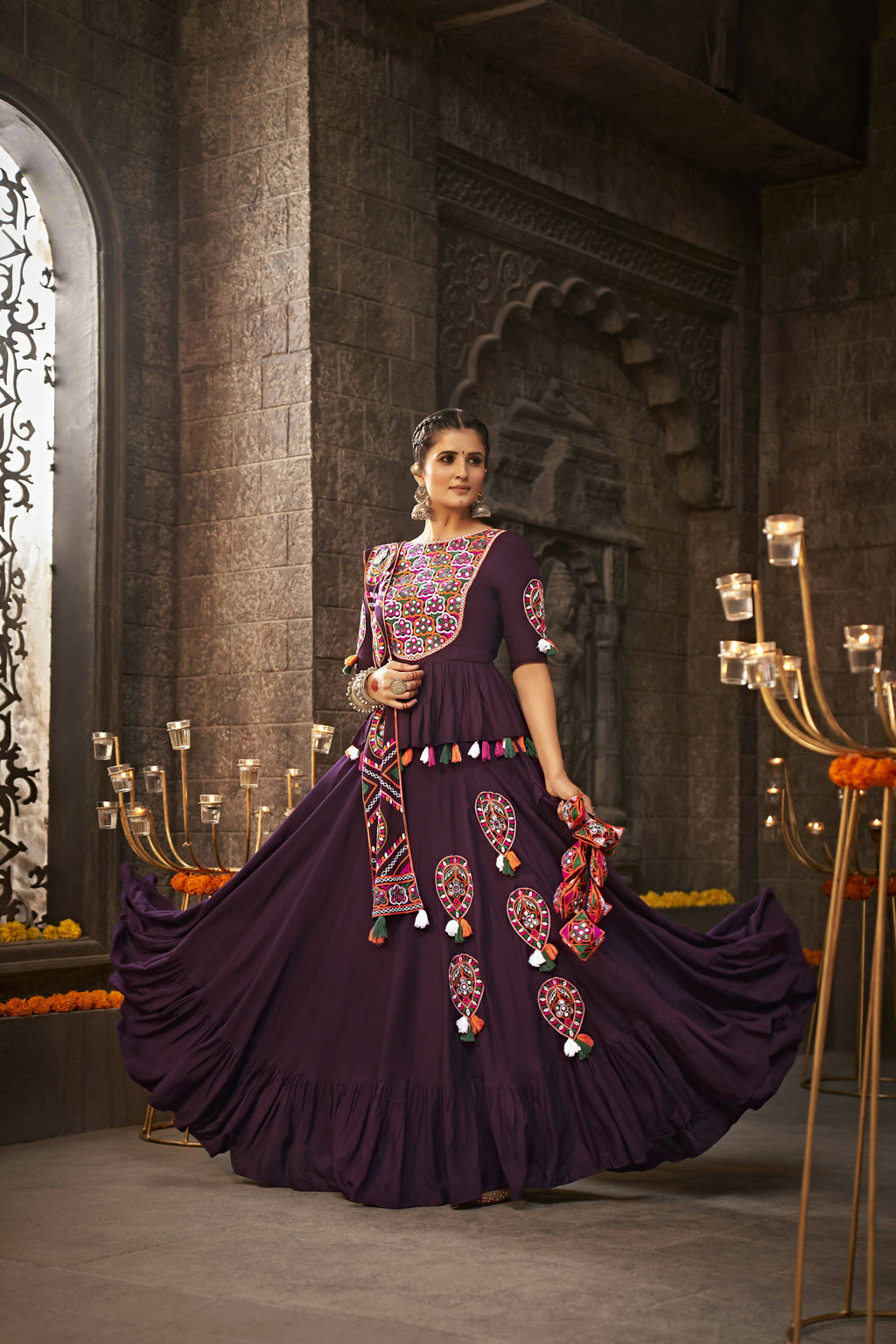 Purple Viscose Rayon Thread Embroidered Navratri Lehenga Choli with Dupatta - Raas | Grocsy