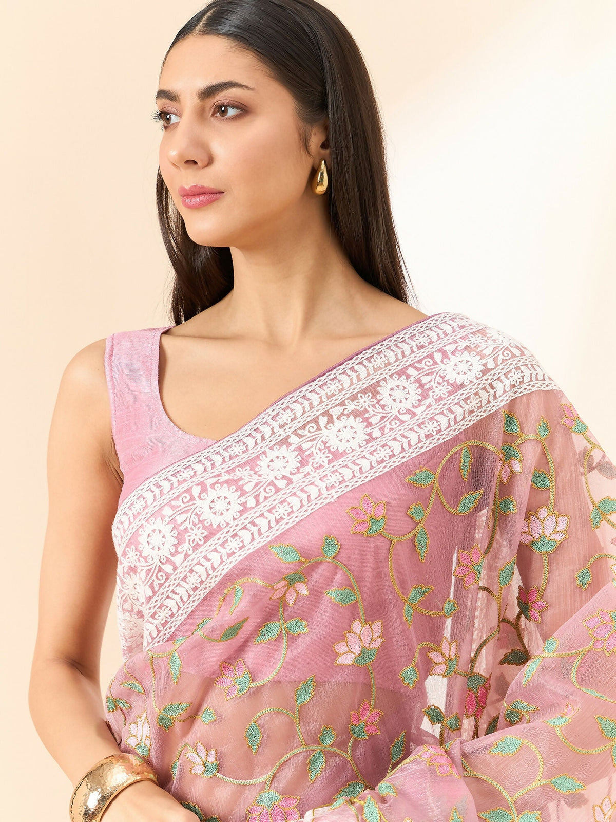 Pink Organza Floral Embroidered Saree with Unstitched Blouse Piece - Roozal | Grocsy