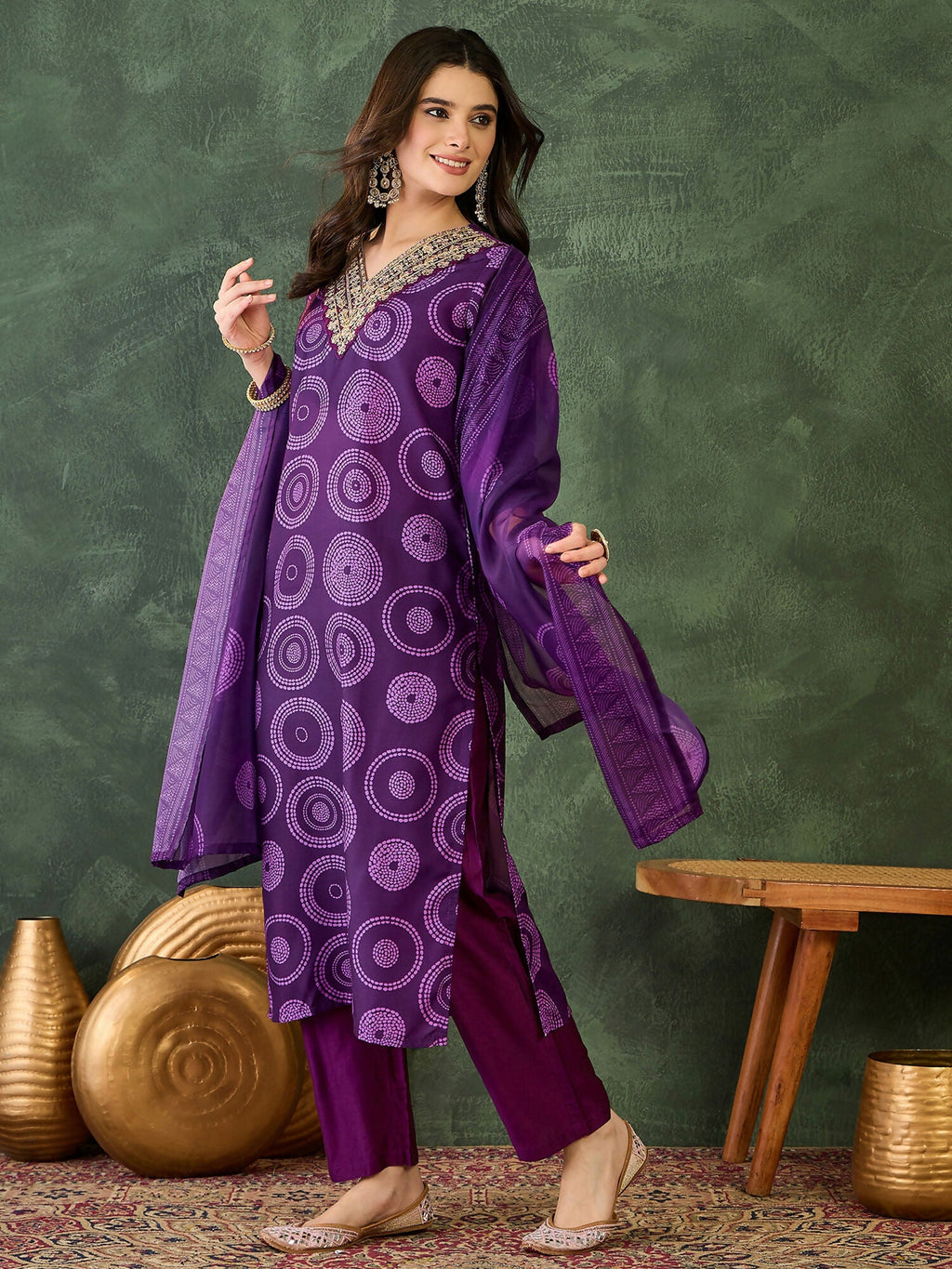 The52 Women's Gorgeous Rayon Embroidery Straight Kurta with Pant And Dupatta Set-Purple | Grocsy