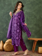 The52 Women's Gorgeous Rayon Embroidery Straight Kurta with Pant And Dupatta Set-Purple | Grocsy