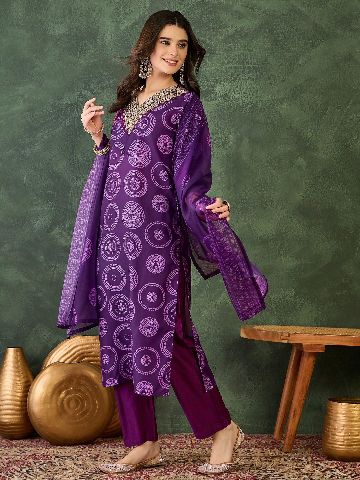 The52 Women's Gorgeous Rayon Embroidery Straight Kurta with Pant And Dupatta Set-Purple | Grocsy