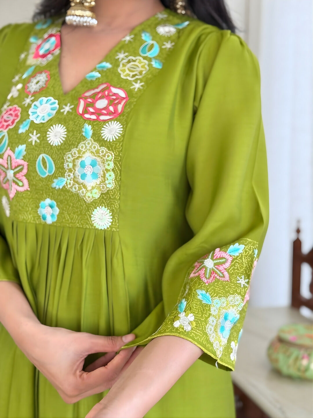 The52 Women's Beautiful Embroidery Work Viscose Silk Fabric Flared Kurta Pant and Dupatta Set-Liril | Grocsy