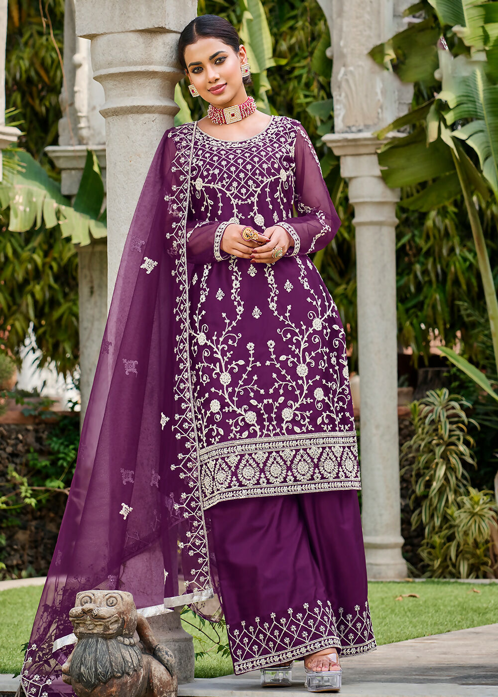 Violet Purple Stone & Cording Work Festive Palazzo Suit - Emponline | Grocsy