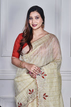 Morchari Beige Kota Check Zari Embroidery Saree Unstitched Blouse | Grocsy