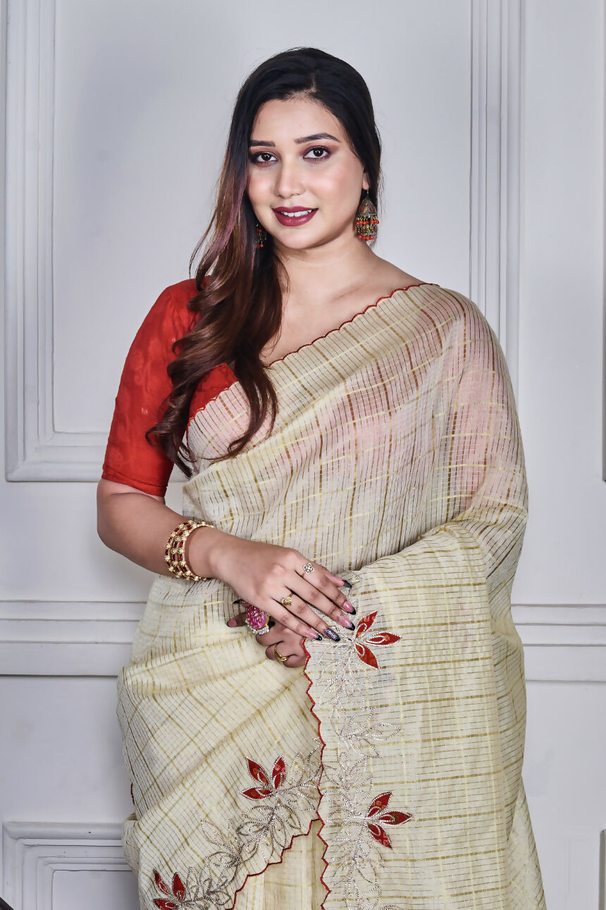 Morchari Beige Kota Check Zari Embroidery Saree Unstitched Blouse | Grocsy