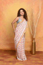 Very Much Indian Handblock Printed Cotton Saree With Natural Dyes - White Peach | Grocsy