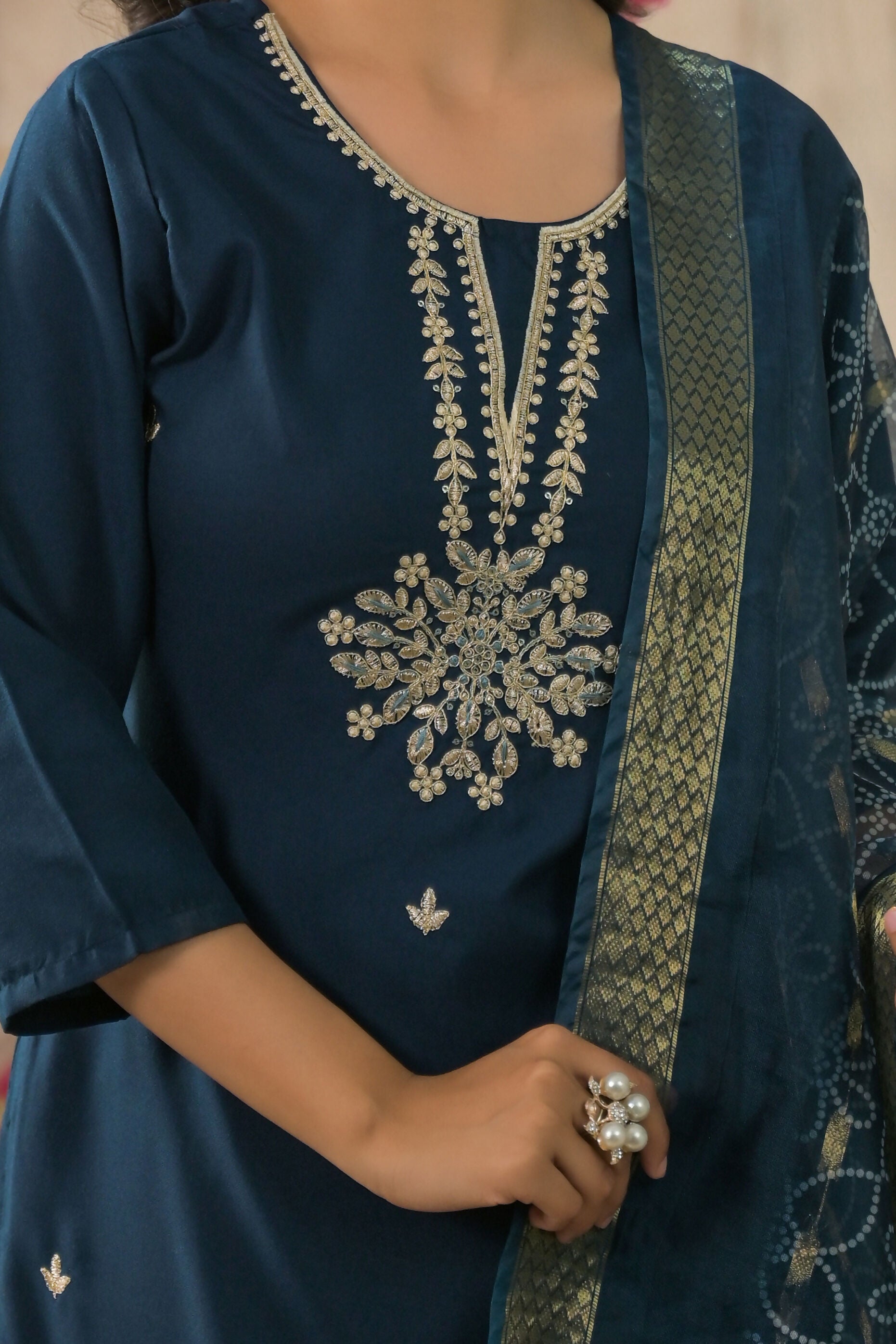 Ethnic Festive Wear Reyon Petrol Stitched Suit With Dupatta - Tanisha | Grocsy