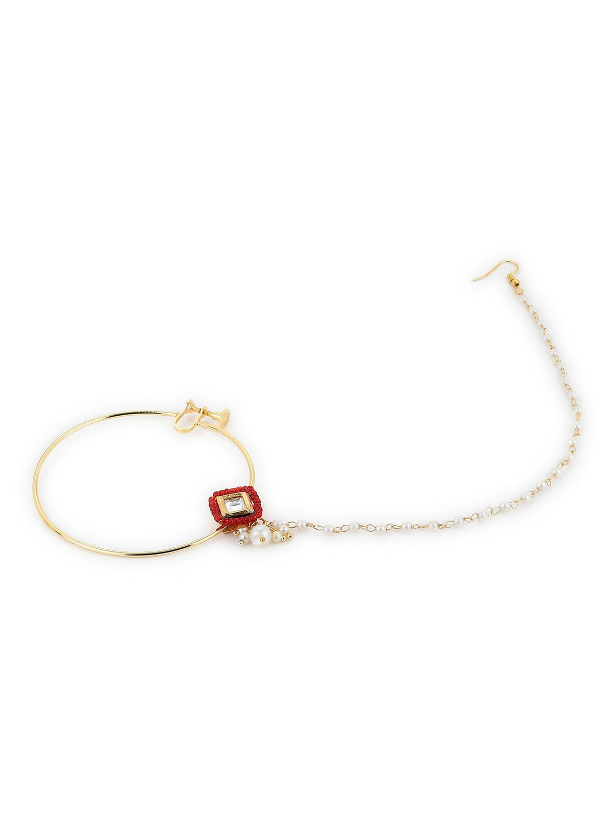 White Red Gold-Polished Kundan-Studded Beaded Nosepin - Ruby Raang | Grocsy