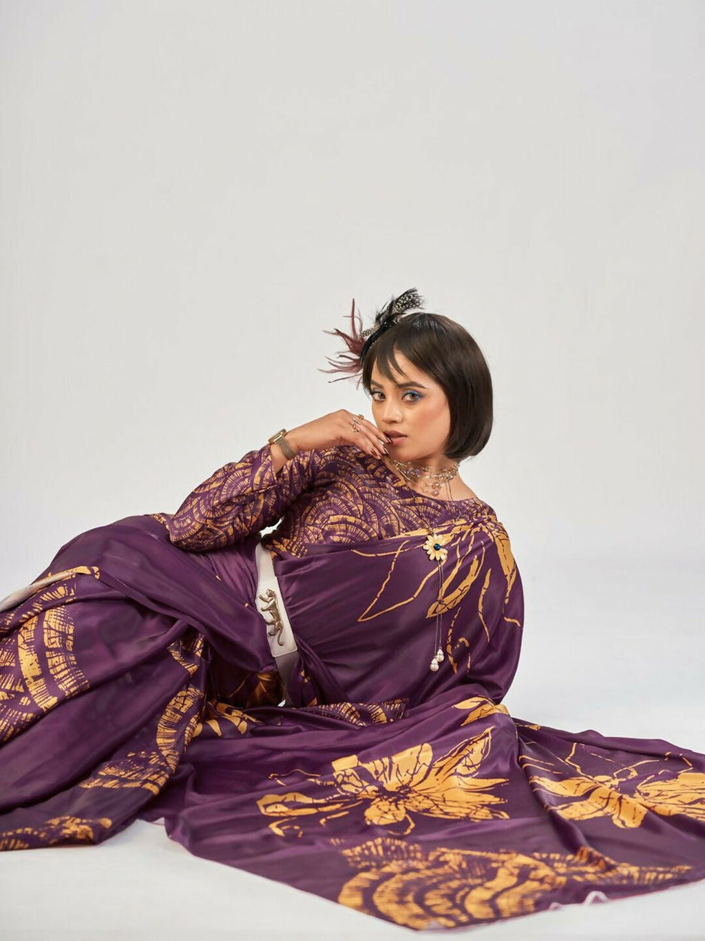 Vastranavya Wine Satin Silk Elegant Printed Saree with Unstitched Blouse | Grocsy