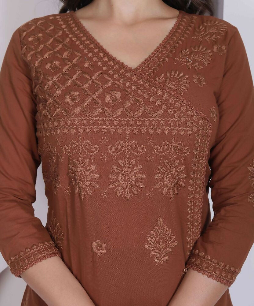 Miravan Womens Brown Floral Printed Angrakha Style Kurta With Palazzo | Grocsy