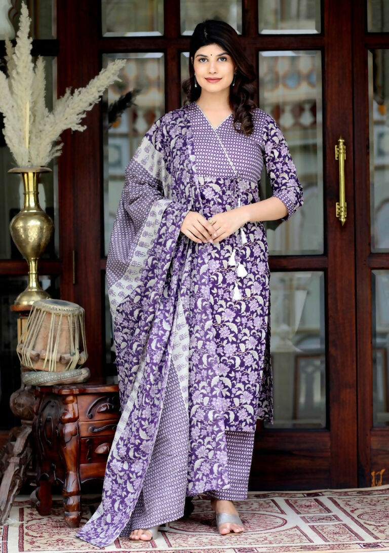 Miravan Women's Floral Block Printed Purple Angrakha Kurta And Palazzo With Dupatta Set | Grocsy