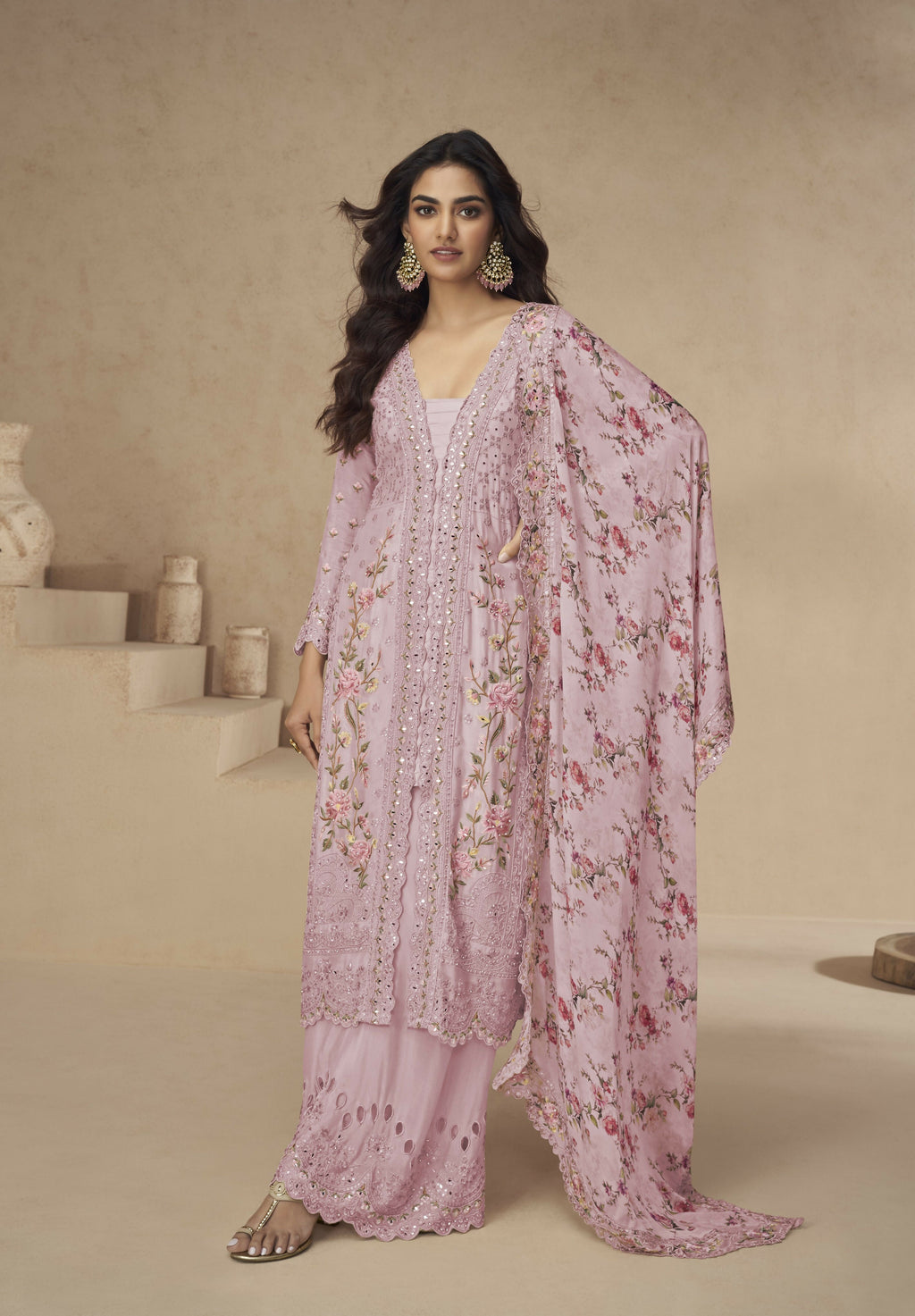Anaita Rani-Pink Chinon Readymade Suit with Embroidery Sequence Work | Grocsy