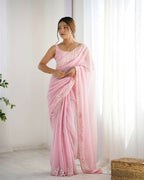 Georgette Designer Sequance Embroidery Work Party Wear Saree - Pink | Grocsy