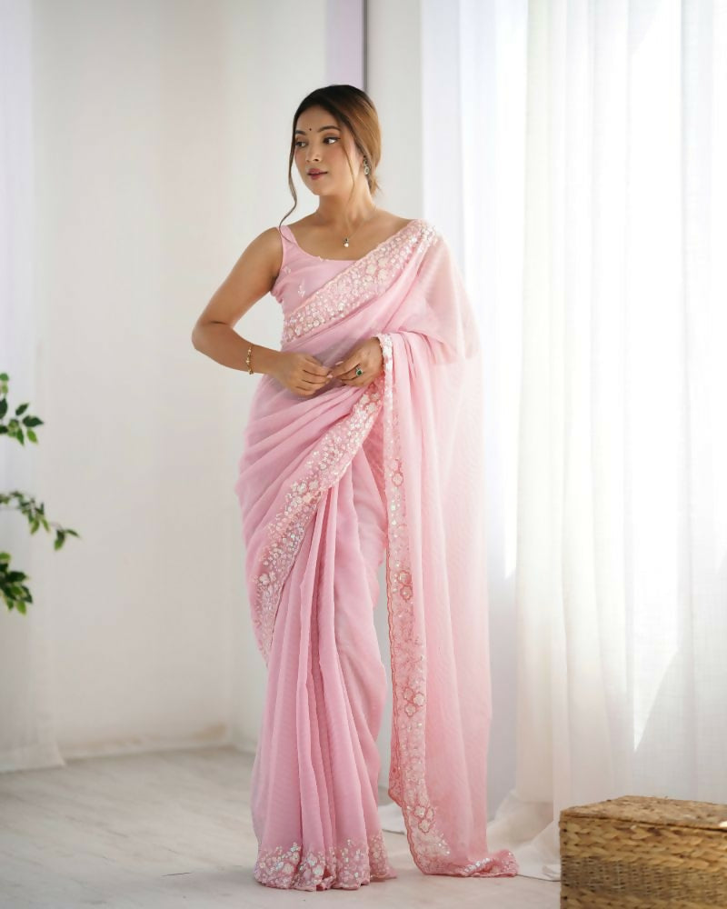 Georgette Designer Sequance Embroidery Work Party Wear Saree - Pink | Grocsy