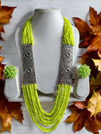 Inhanns Saree Shobha Statement Necklace & Earring Set - Neon Green Necklace With Earrings | Grocsy