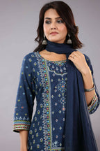 Juniper Women Indigo Cotton Cambric Printed Kurta, Palazzo and Dupatta Set | Grocsy