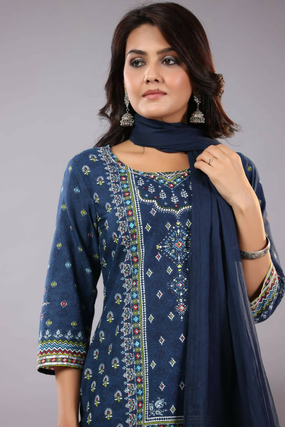 Juniper Women Indigo Cotton Cambric Printed Kurta, Palazzo and Dupatta Set | Grocsy