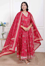 Miravan Women's red Embroidered Anarkali Kurta and Dupatta  | Grocsy
