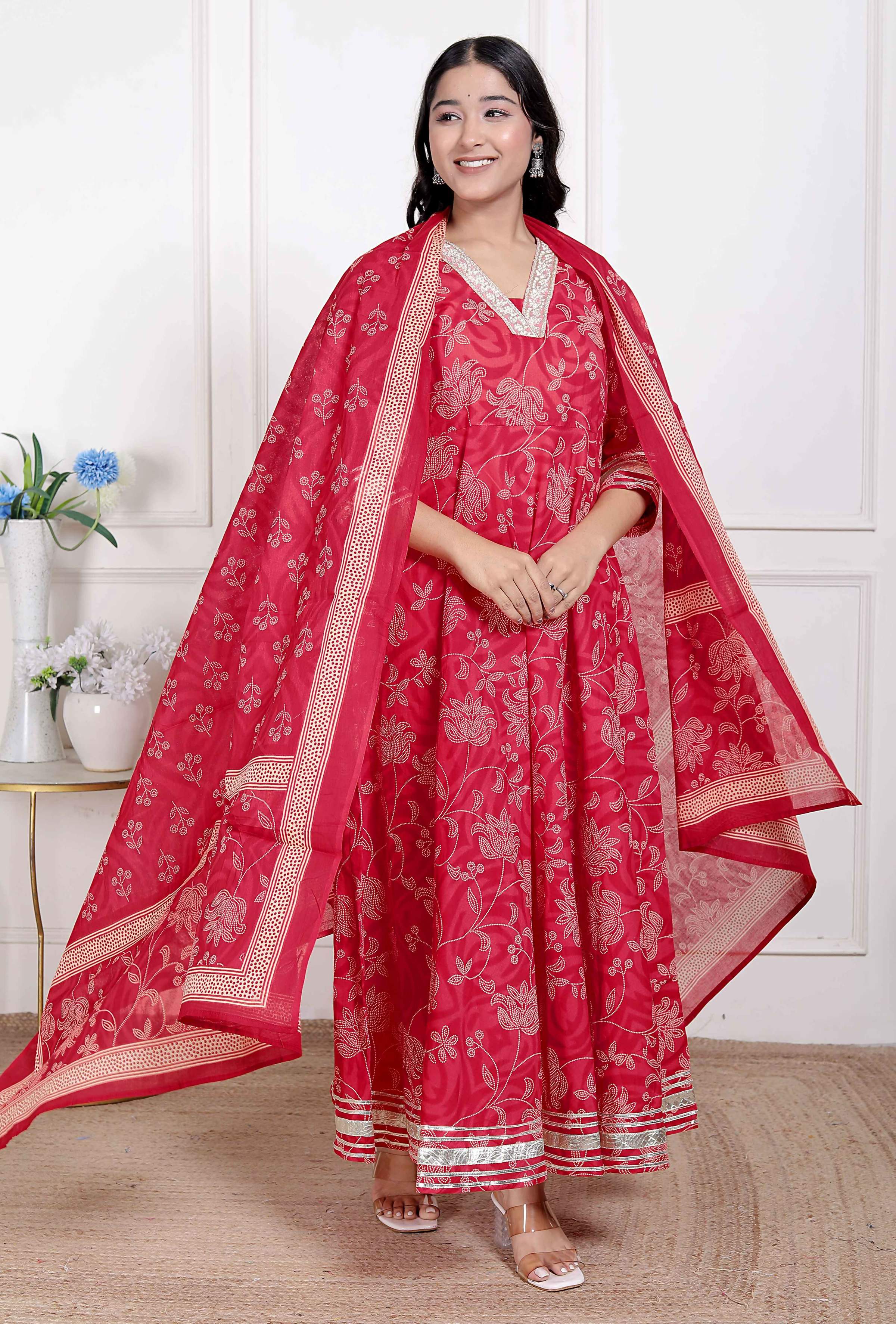 Miravan Women's red Embroidered Anarkali Kurta and Dupatta  | Grocsy