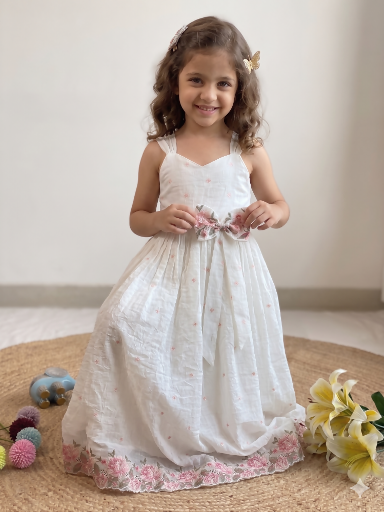 Teeya Creation New Latest Girls Sage Green Crinkled Silk Festive Gown with Handcrafted Bow and Lotus Cutwork Border | Grocsy