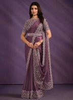 Light Purple Crepe Satin Silk Embroidered Saree With Stitched Blouse - Mohmanthan Exotica | Grocsy
