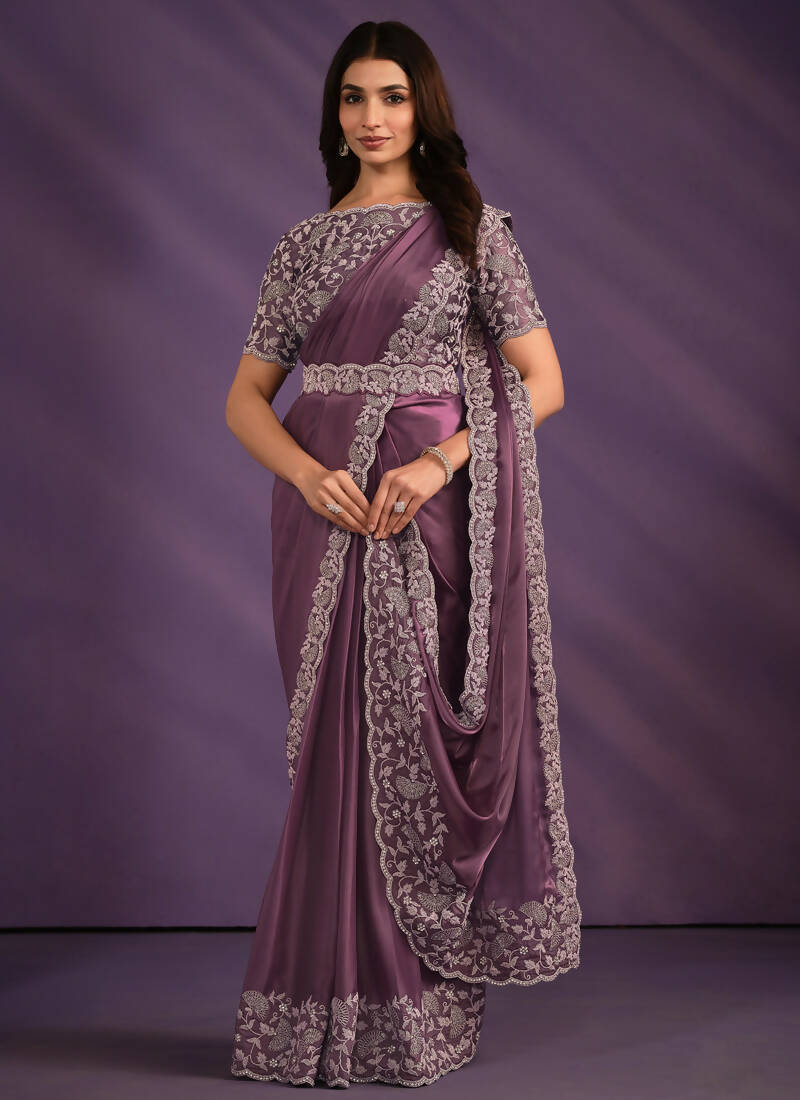 Light Purple Crepe Satin Silk Embroidered Saree With Stitched Blouse - Mohmanthan Exotica | Grocsy