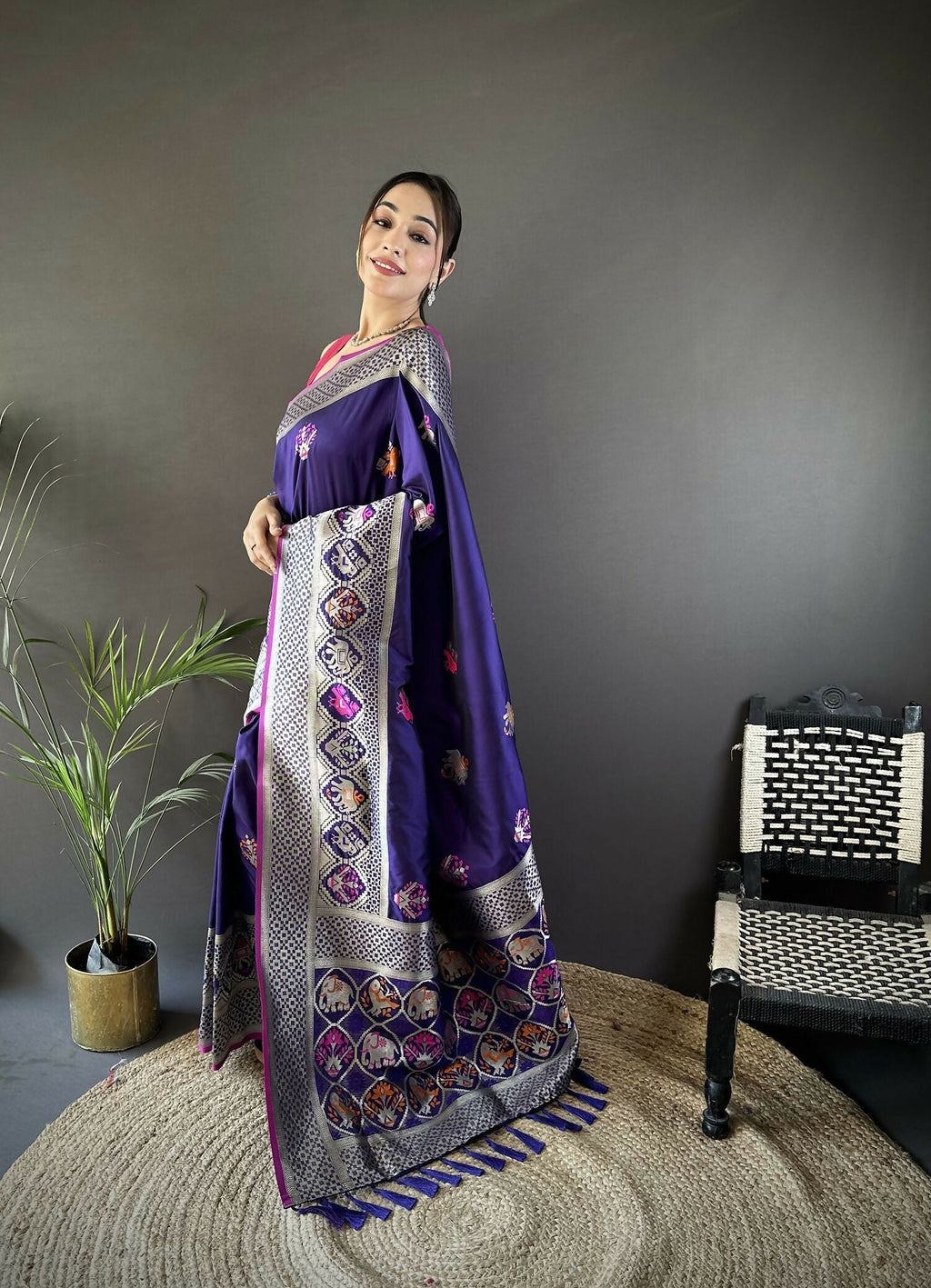 Joban Fashion Royal Blue Elephant & Floral Motifs Soft Lichi Silk Banarasi Saree | Grocsy