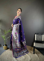 Joban Fashion Royal Blue Elephant & Floral Motifs Soft Lichi Silk Banarasi Saree | Grocsy