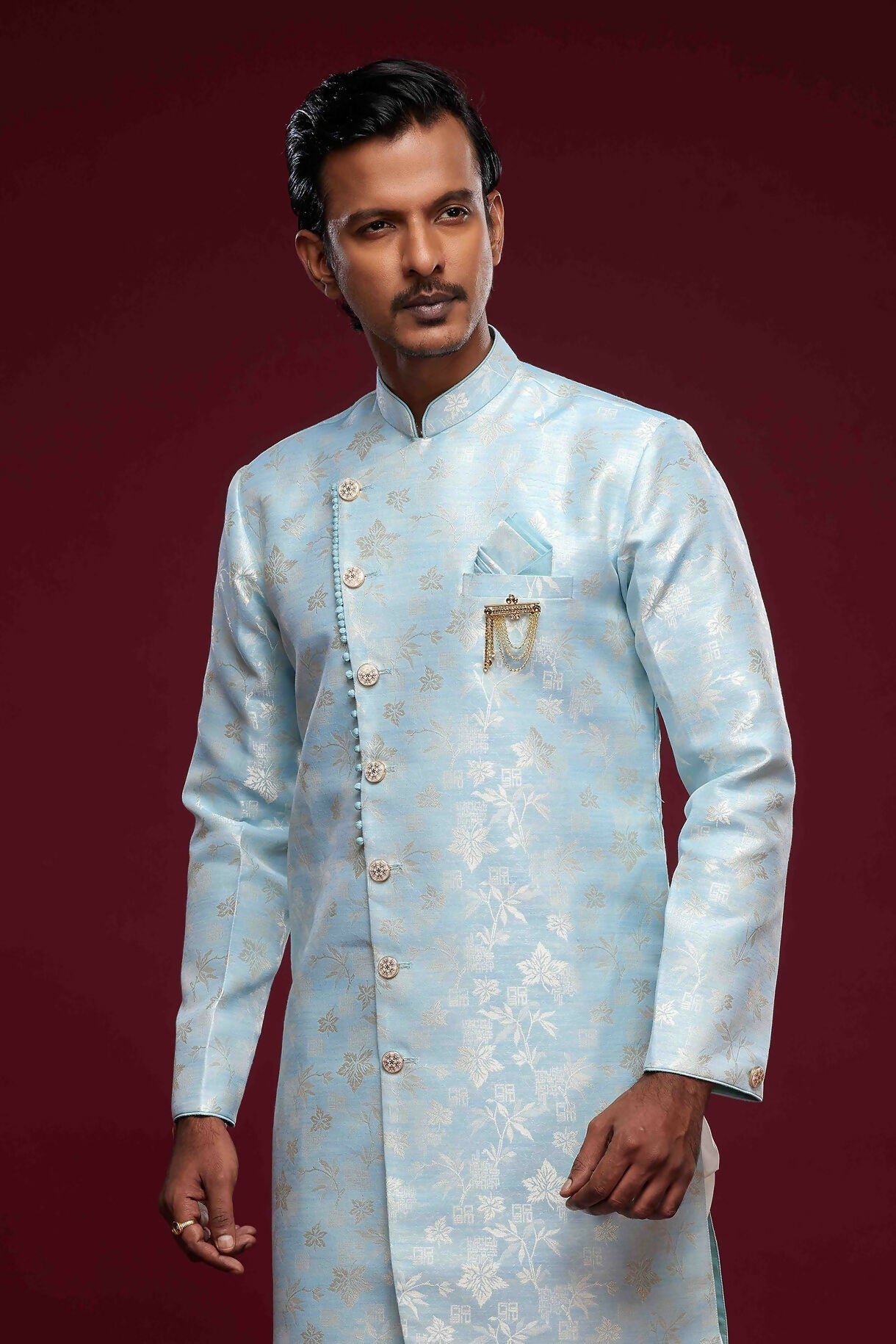 Raivat Ethnic Banarasi Jacquard Embroidery Semi Indo Western Sherwani In Sky Blue Colour | Grocsy