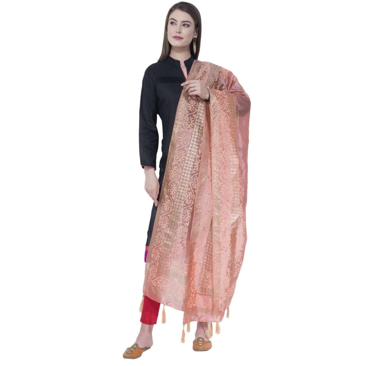 A R Silk Peach Color Silk Pahadi Print Dupattas and Chunnis | Grocsy