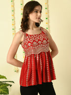 Myshka Women's Red Embroidered Party Fusion Top | Grocsy
