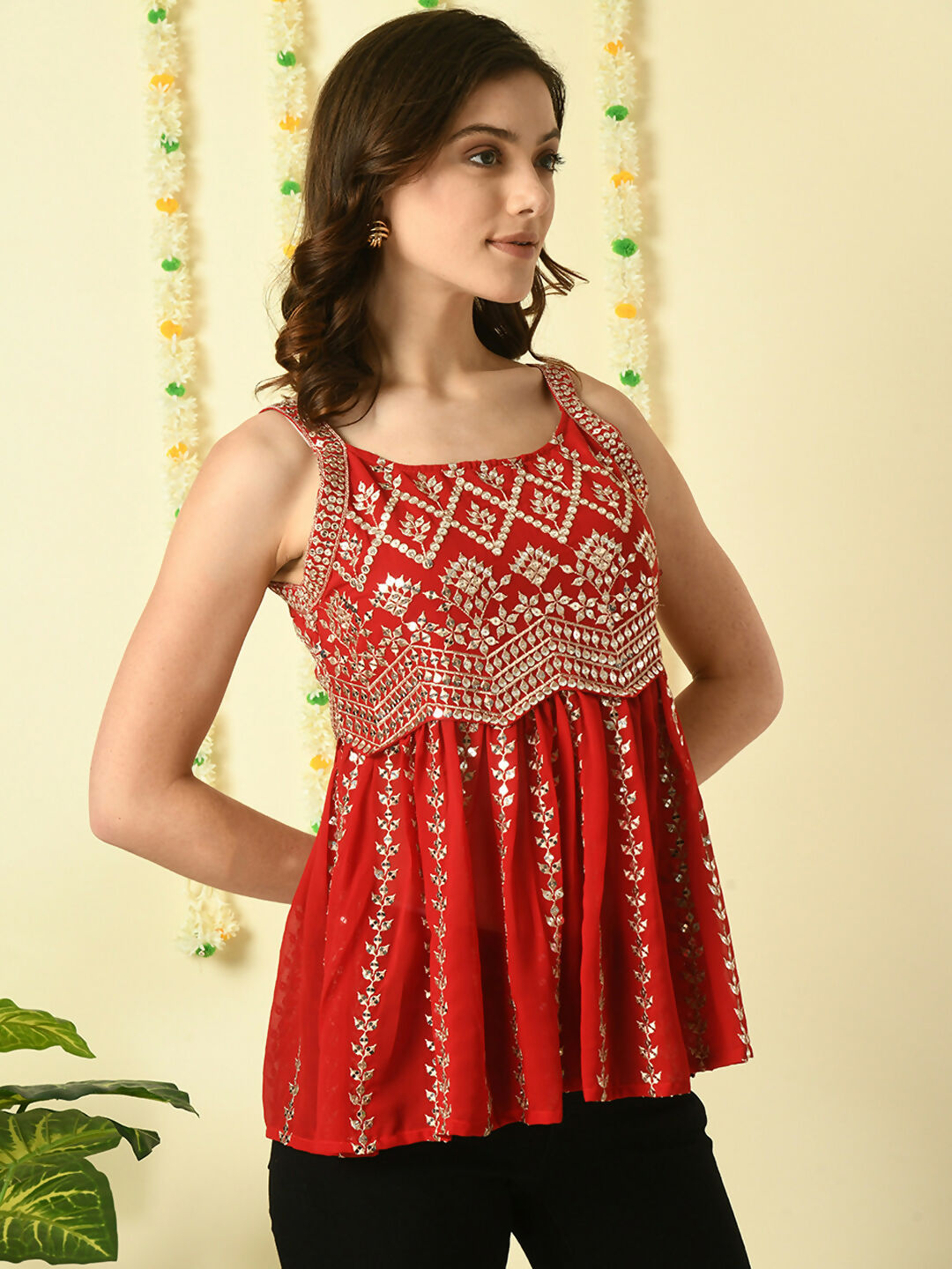 Myshka Women's Red Embroidered Party Fusion Top | Grocsy