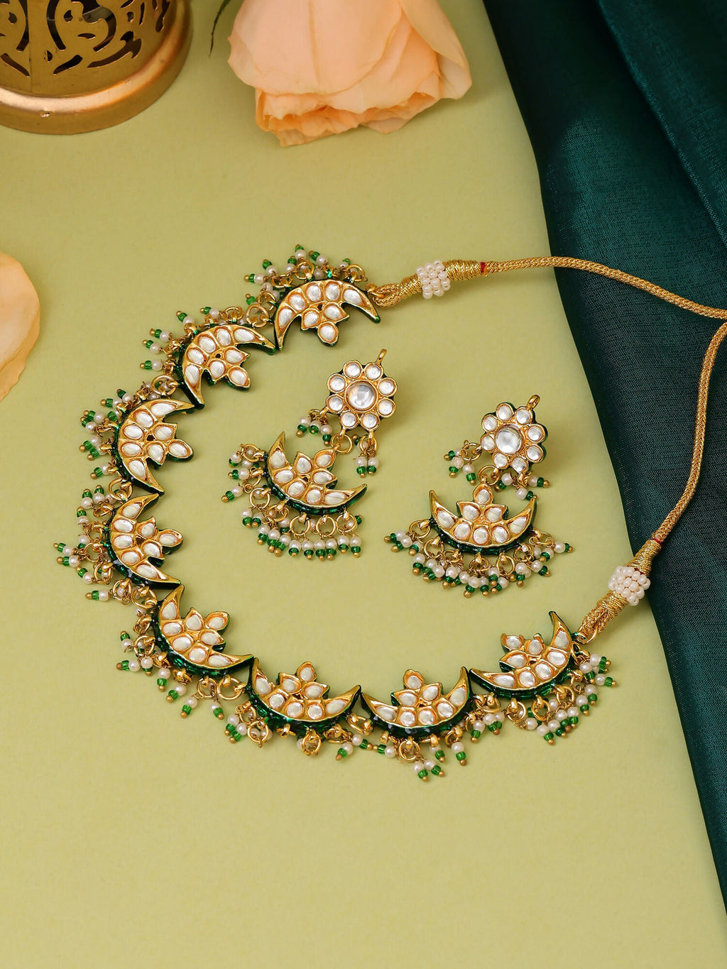 Ruby Raang Gold Polished Kundan Work Gold Half Moon Kundan Necklace With Earrings | Grocsy