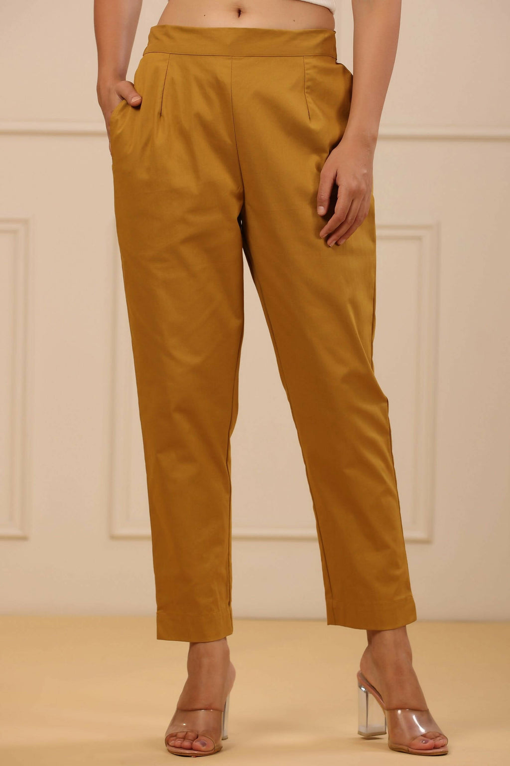 Juniper Women's Mustard Cotton Spendex Solid Straight Pant | Grocsy
