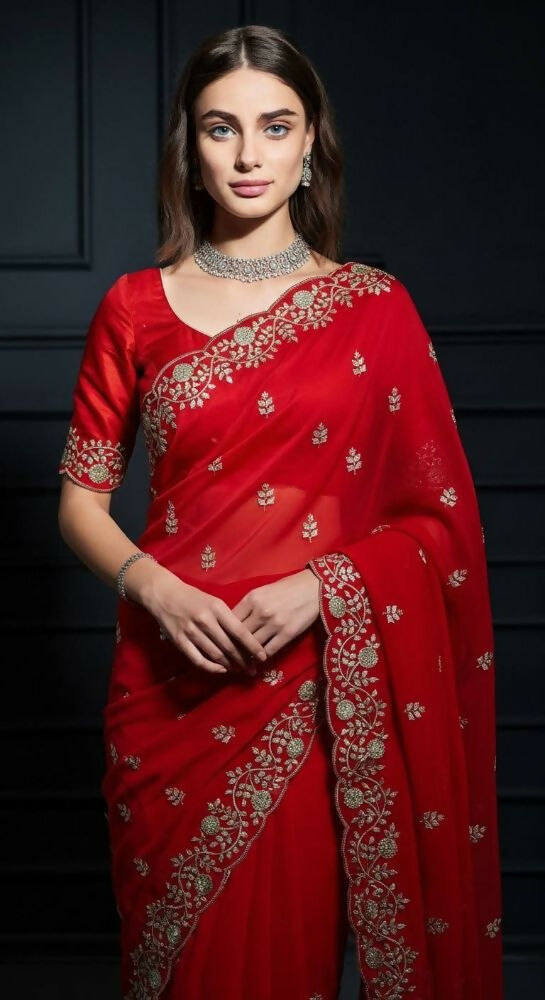 Joban Fashion Red Fandy Satin Silk Party Wear Sarees | Grocsy