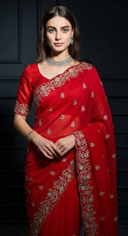 Joban Fashion Red Fandy Satin Silk Party Wear Sarees | Grocsy