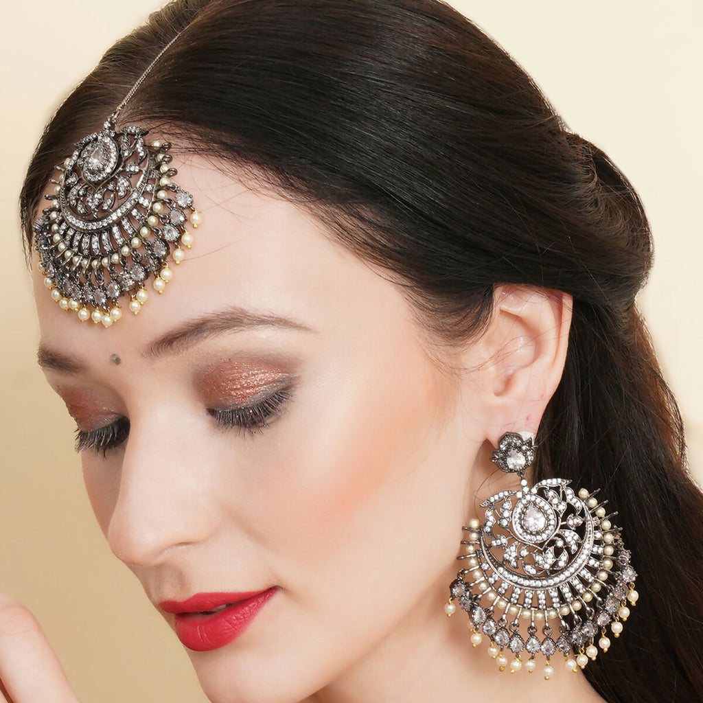 Diamond Earrings with Matching Maang Tikka- Ruby Raang | Grocsy