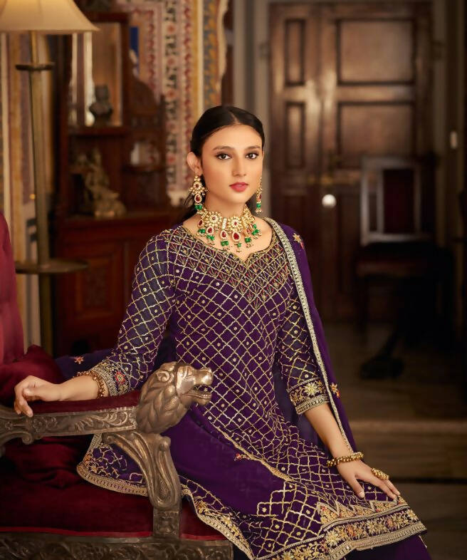Purple Heavy Chinon Semi Stitched Kurta with Bottom & Dupatta - Dhvani | Grocsy