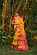 Jyoti Fashion Women's Yellow Kanjivaram Silk Zari Woven Saree with Blouse | Grocsy