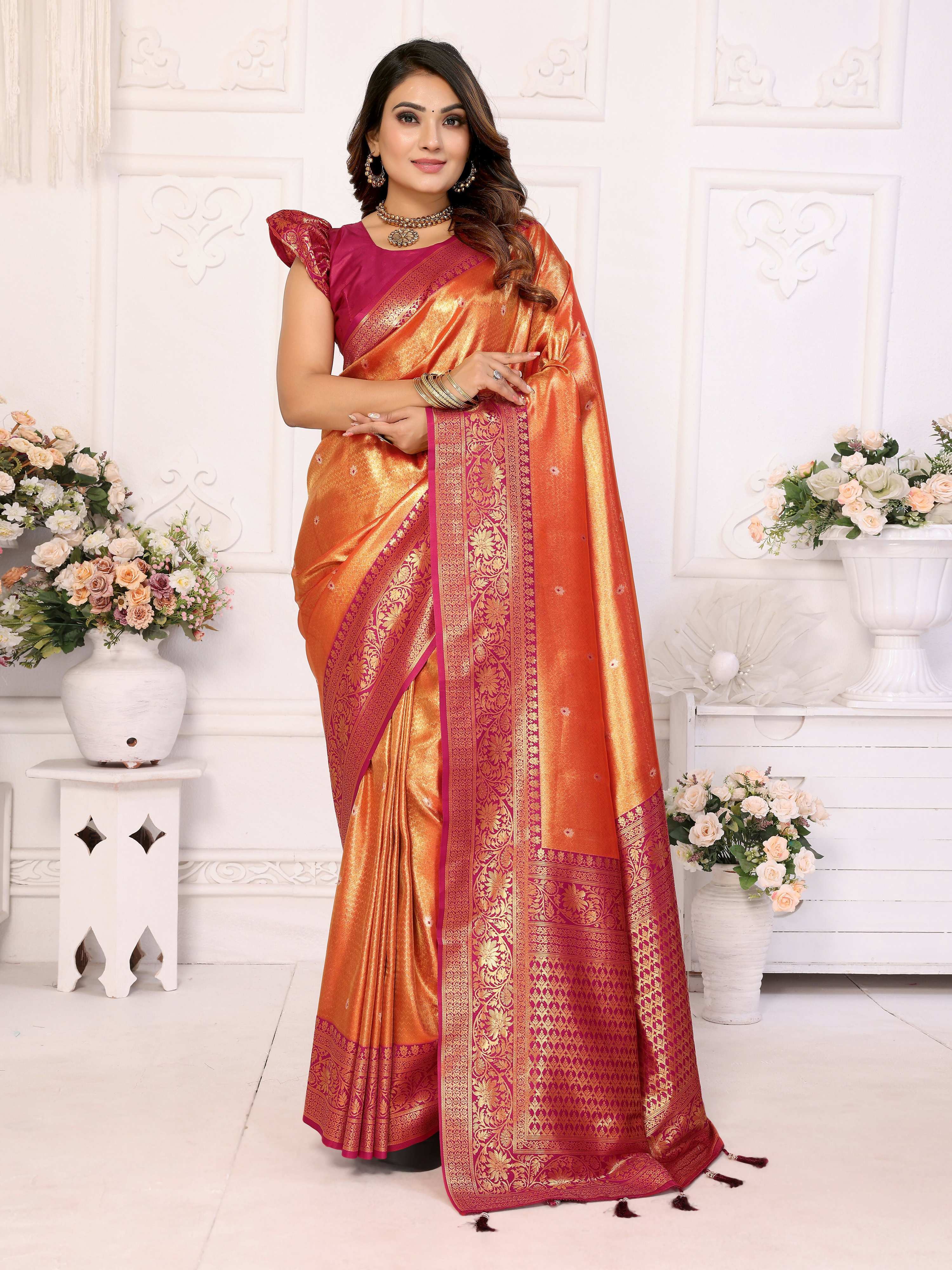 Aastha Fashion Orange Tissue Silk Weaving Saree | Grocsy