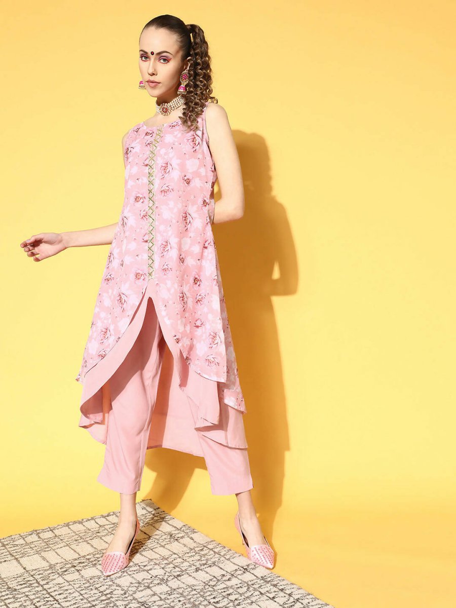 Ahalyaa Women Rose Colour Organza Digital Printed Kurta Pant Set | Grocsy