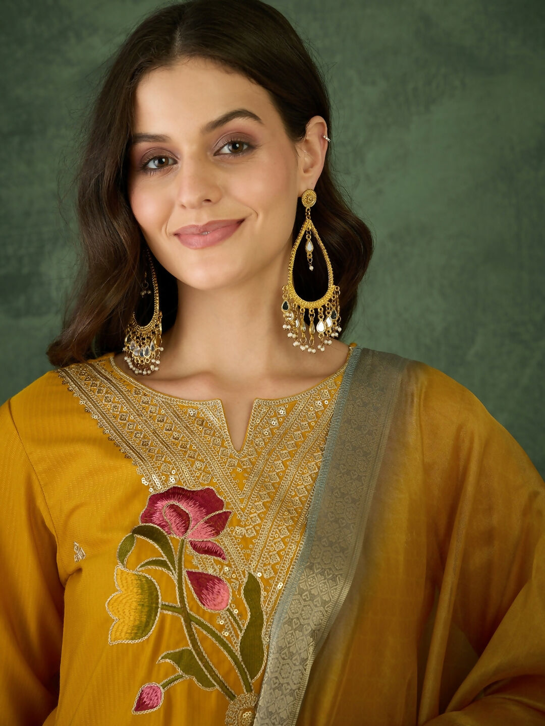 The52 Mustard Women's Beautiful Rayon Fabric Embroidered Work Straight Kurta, Pant and Dupatta Set | Grocsy