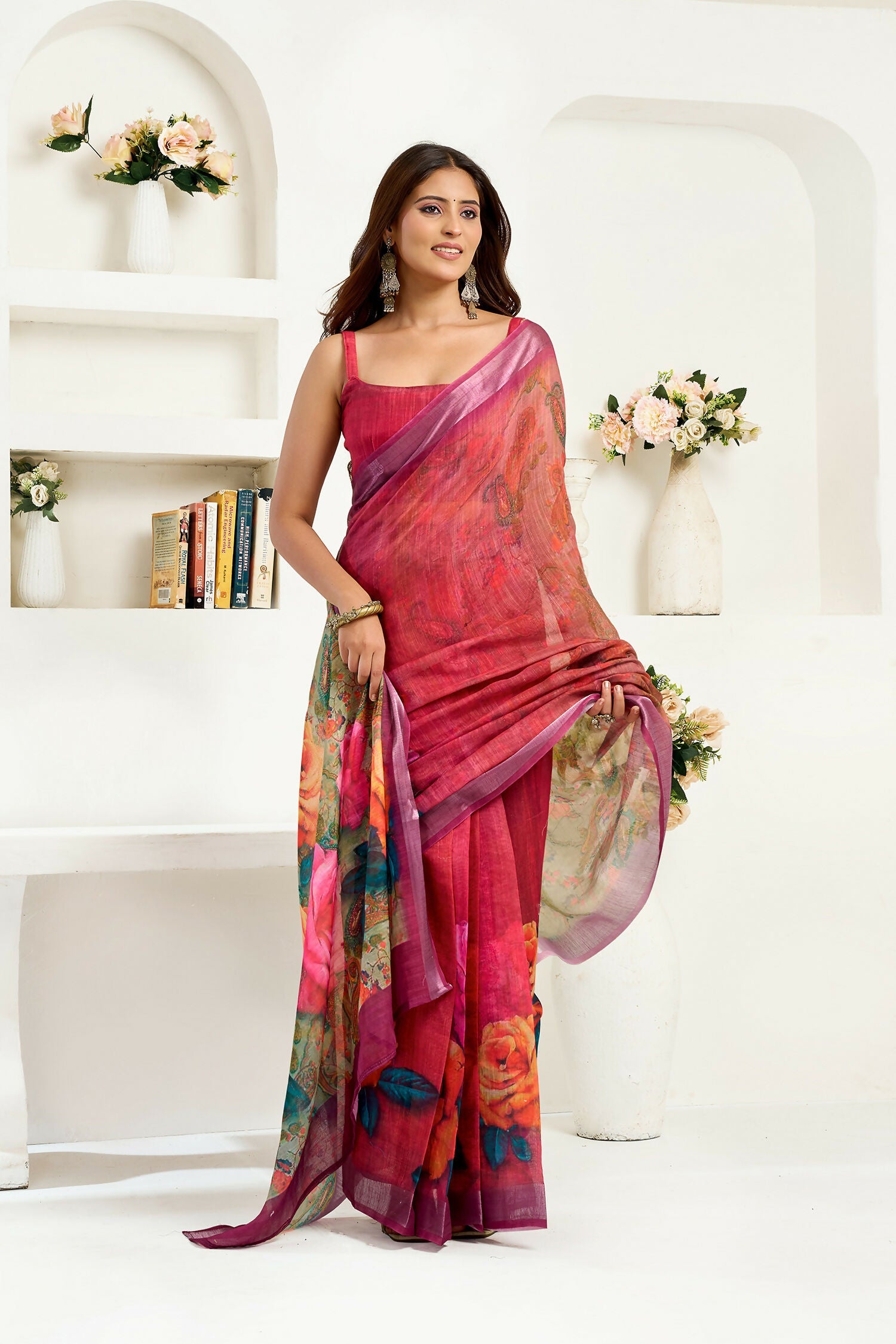 Joban Fashion  Onion Pink Floral Linen Ready To Wear Saree With Unstitched Blouse | Grocsy