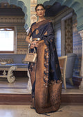 Navy Blue Tussar Banarasi Silk Designer Saree - Emponline | Grocsy