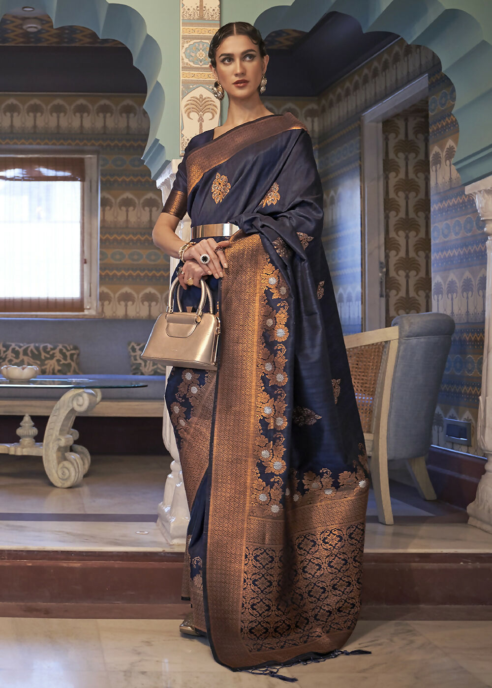 Navy Blue Tussar Banarasi Silk Designer Saree - Emponline | Grocsy