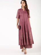 Aniyah Rayon Block Print Anarkali Flared Kurta With Palazzo Set Dusty Pink (AN-156K) | Grocsy