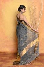 Very Much Indian Handloom Pure Cotton Linen Saree With Golden Border - Grey Gold | Grocsy