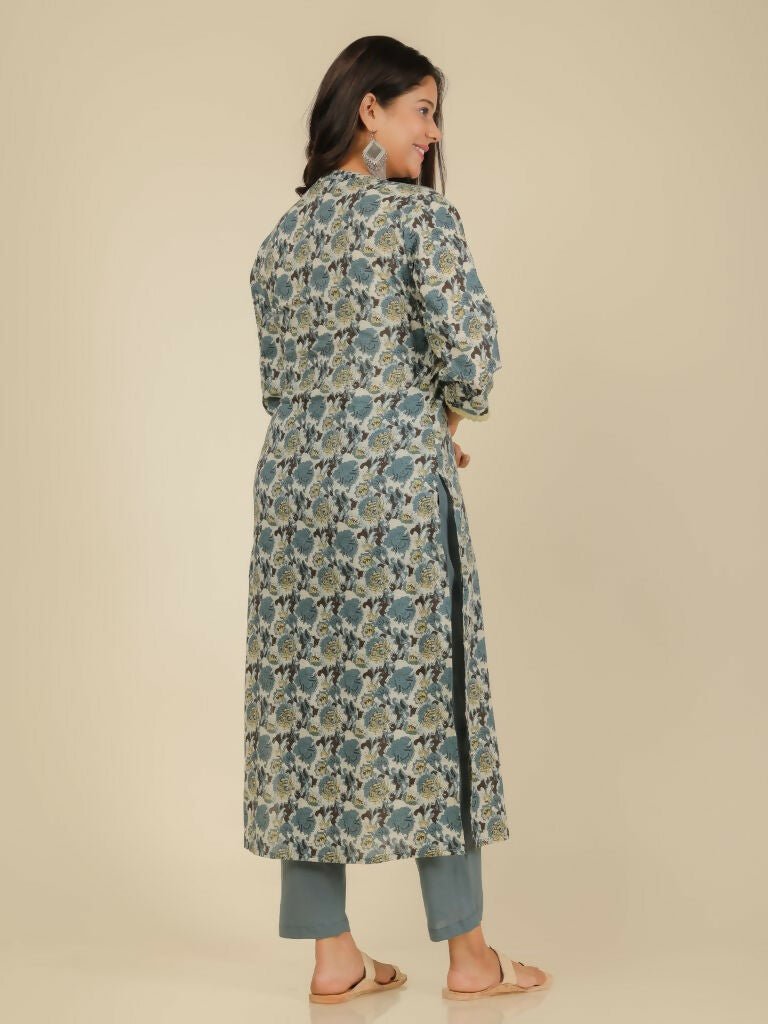 Aramya Straight Soft Cotton Floral Print Women's Kurta Set - Grey | Grocsy