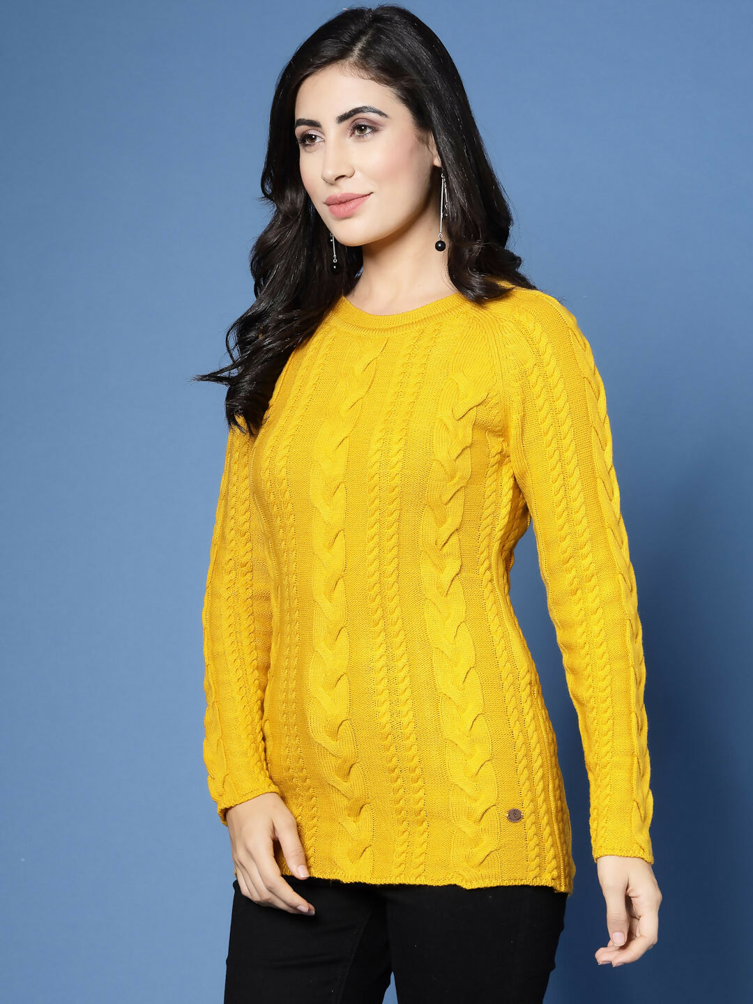 Women Mustard Acrylic Self Design Winter Dress - Wool Trees | Grocsy