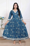 Miravan Women's Blue Cotton Embroidered Neck Anarkali Kurta | Grocsy
